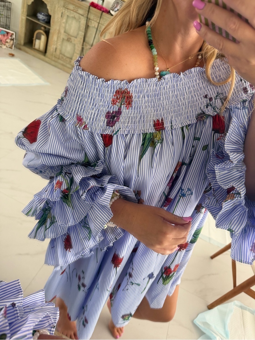 Gracia Blue-White Striped Floral Midi Skirt